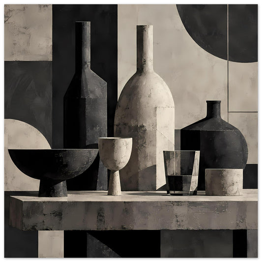 Geometrisches Stillleben-Poster in Schwarz-Weiß mit Vasen, Flaschen und Schalen auf Ablage