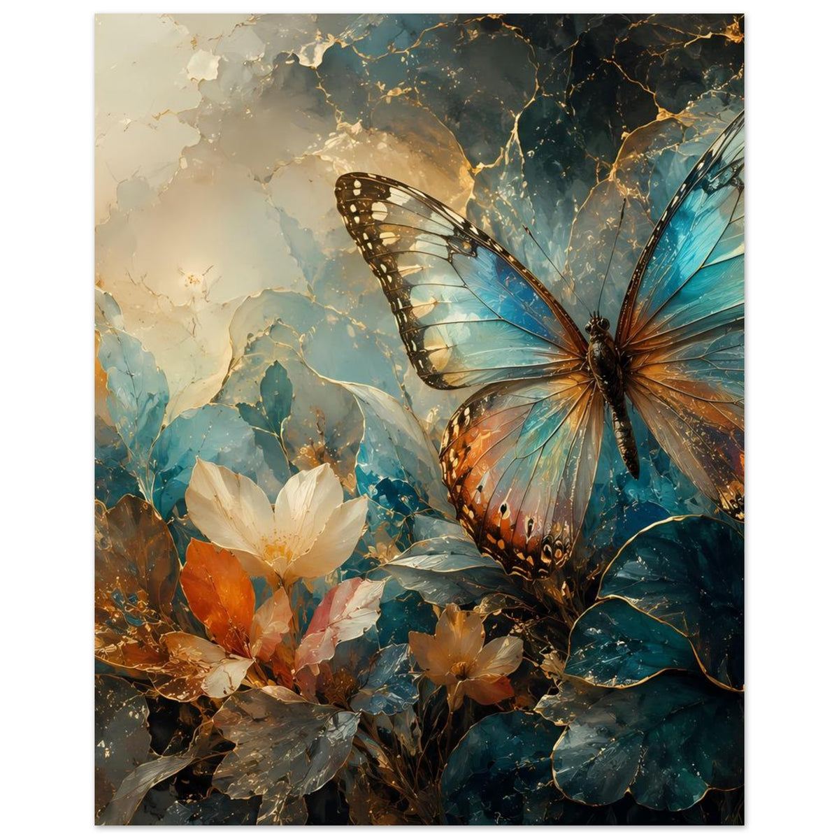 Poster mit Schmetterling und Blüten, warmes Blau, Gold-Details und dunklem Hintergrund