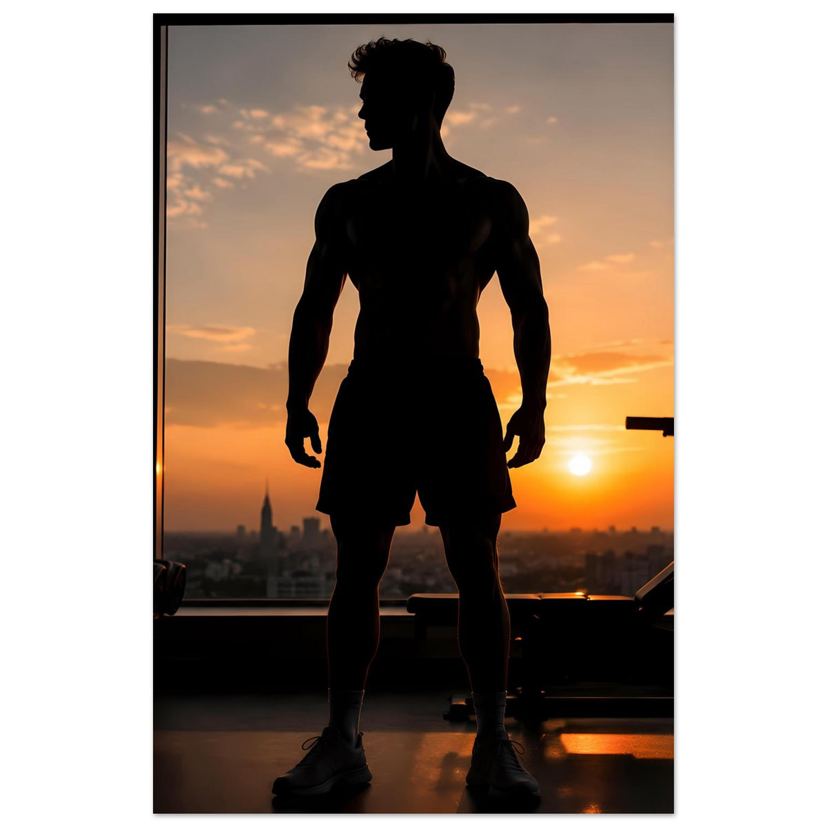 Fitness-Poster mit Sportler-Silhouette frontal, Ganzkörperansicht vor Sonnenuntergangslicht.