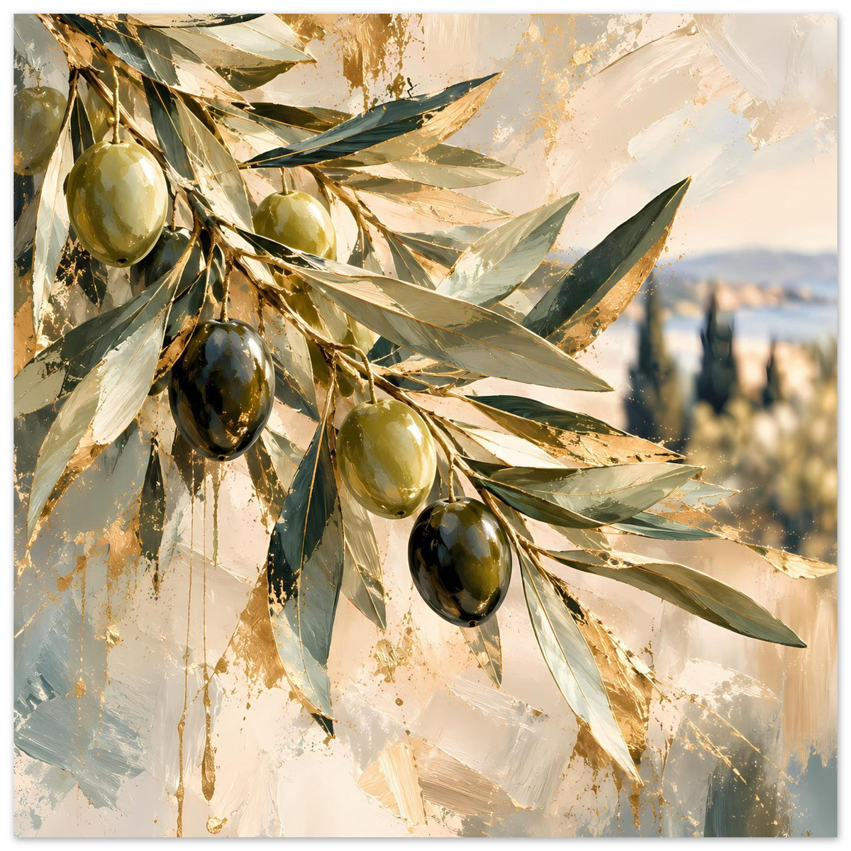 Olivenzweig-Kunstposter mit detailreichen Oliven und Blättern in Grün, Gold und Dunkelgrün
