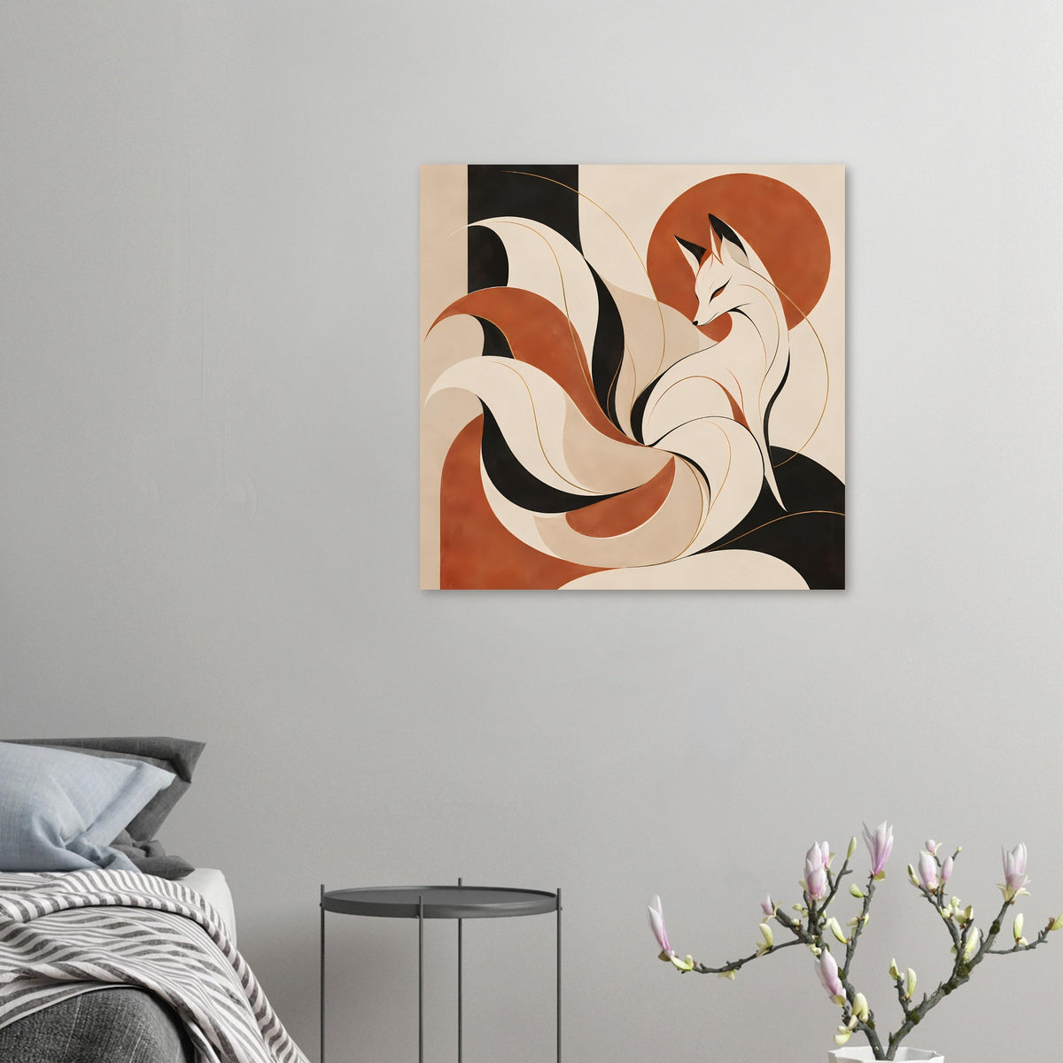 Kleines Poster mit Fuchsgestalt und neun Schwänzen in Erdtönen, mit Rahmen