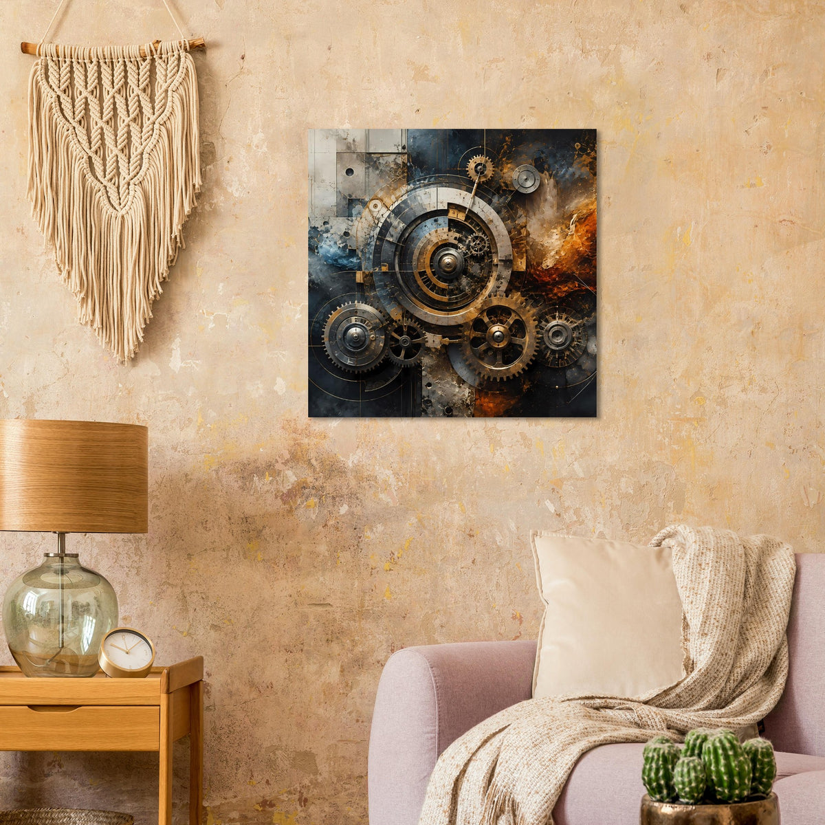 Steampunk-Poster mit zentralem Zahnradsystem und warmen Gold- sowie Blautönen