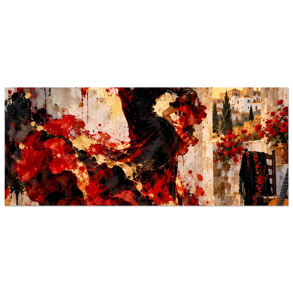 Poster mit Flamenco-Tänzerin in Schwarz und Rot, Ganzkörper seitlich, mit rotem Farbklecks