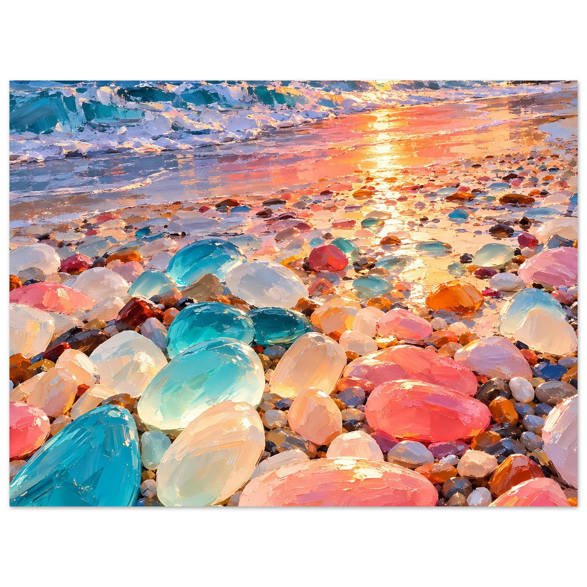 Wandposter mit reflektierendem Sonnenuntergang am Strand und bunten geschliffenen Steinen