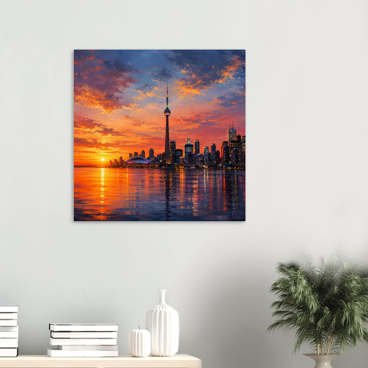 Quadratisches Poster mit Skyline beim Sonnenuntergang: Fluss, Wolken und Fernsehturm.
