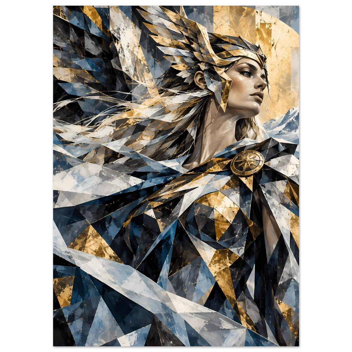 Geometrisches Poster mit Frauenprofil, goldene Akzente, blaues Dreiecks- und Zackenmuster