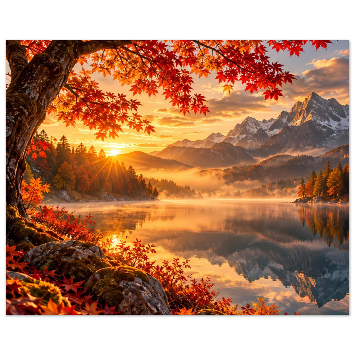 Herbstliches Sonnenaufgangs-Poster querformat mit Bergpanorama, Morgenlichtstrahlen und spiegelndem Wasser