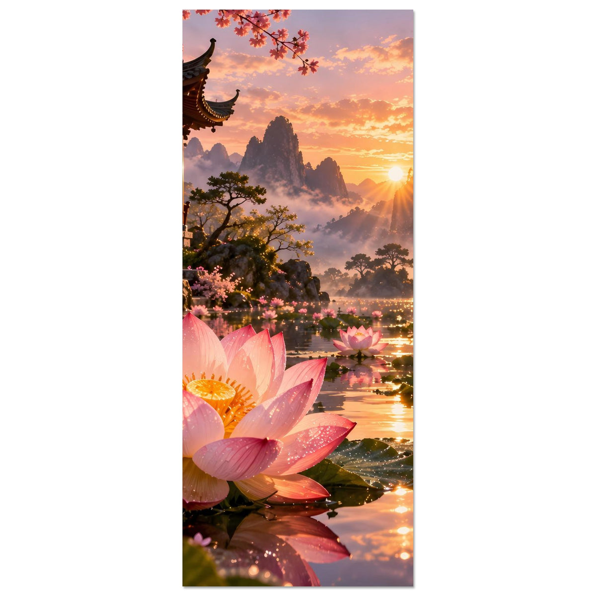 Vertikales Poster: rosa Lotusblüten links, Sonnenaufgang und neblige Berglandschaft