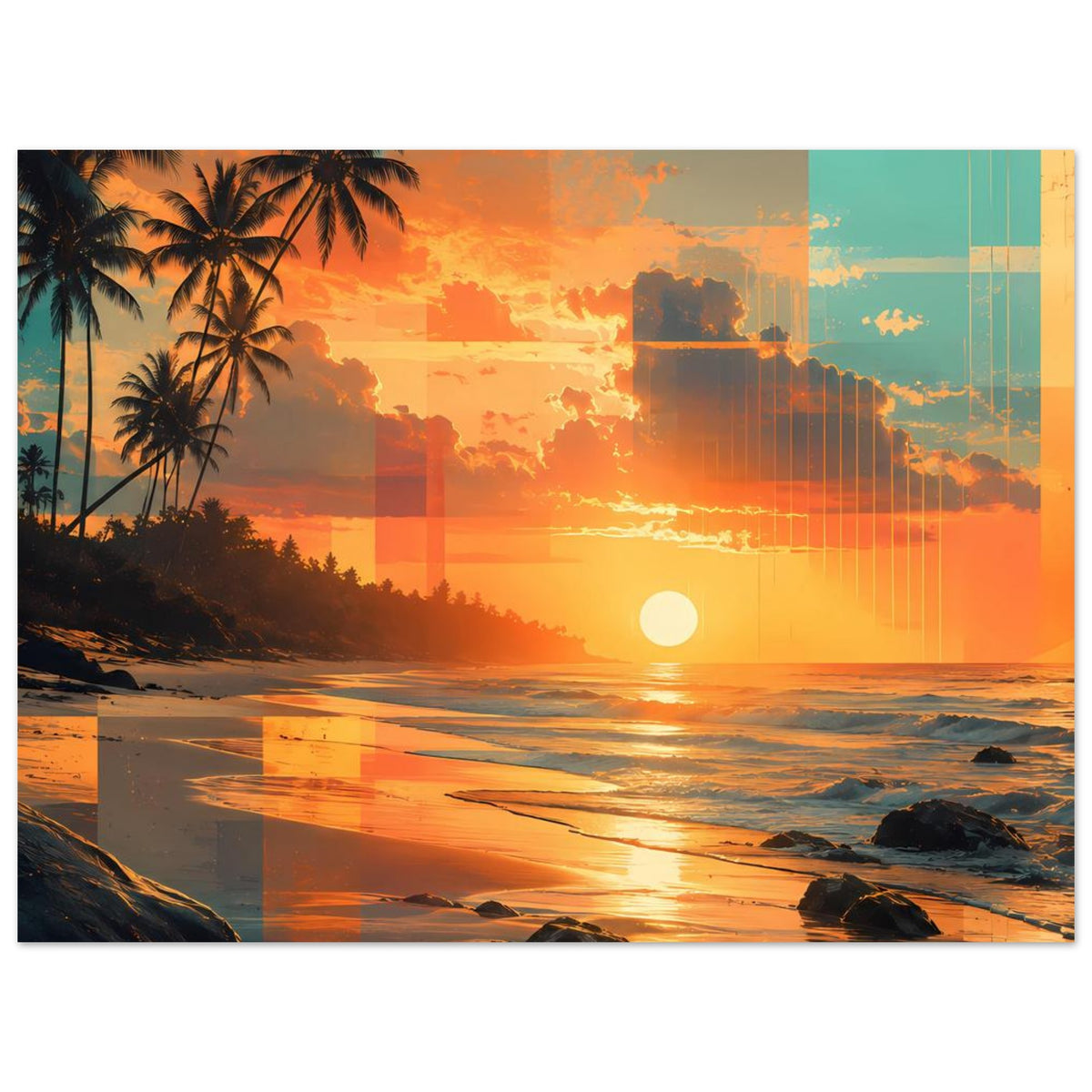 Horizontales Poster: Strandlinie, Palmen am linken Rand und Sonne im Abendhimmel