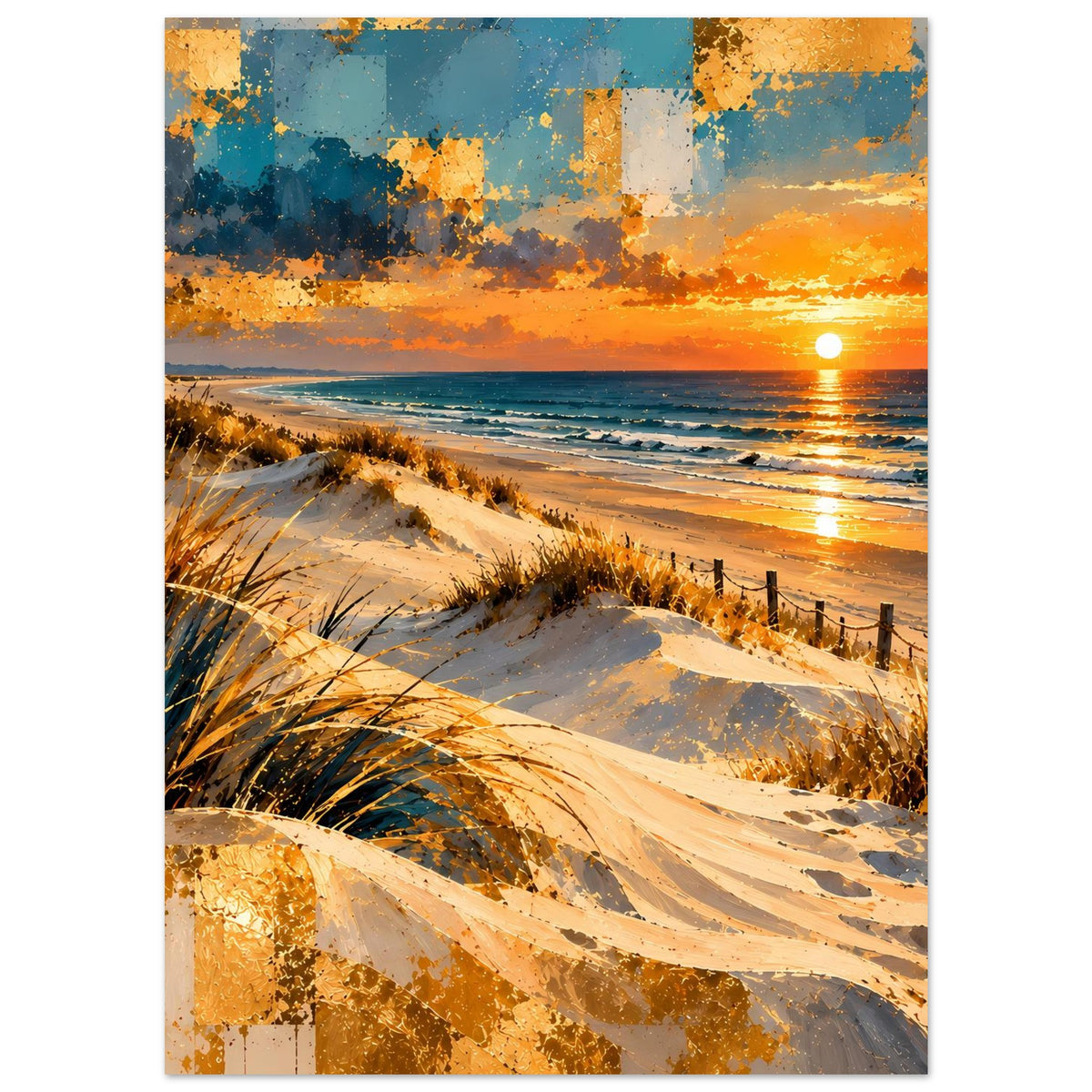 Poster mit Strandblick und Sonnenuntergang, Dünenlandschaft mit warmen Farbflächen.
