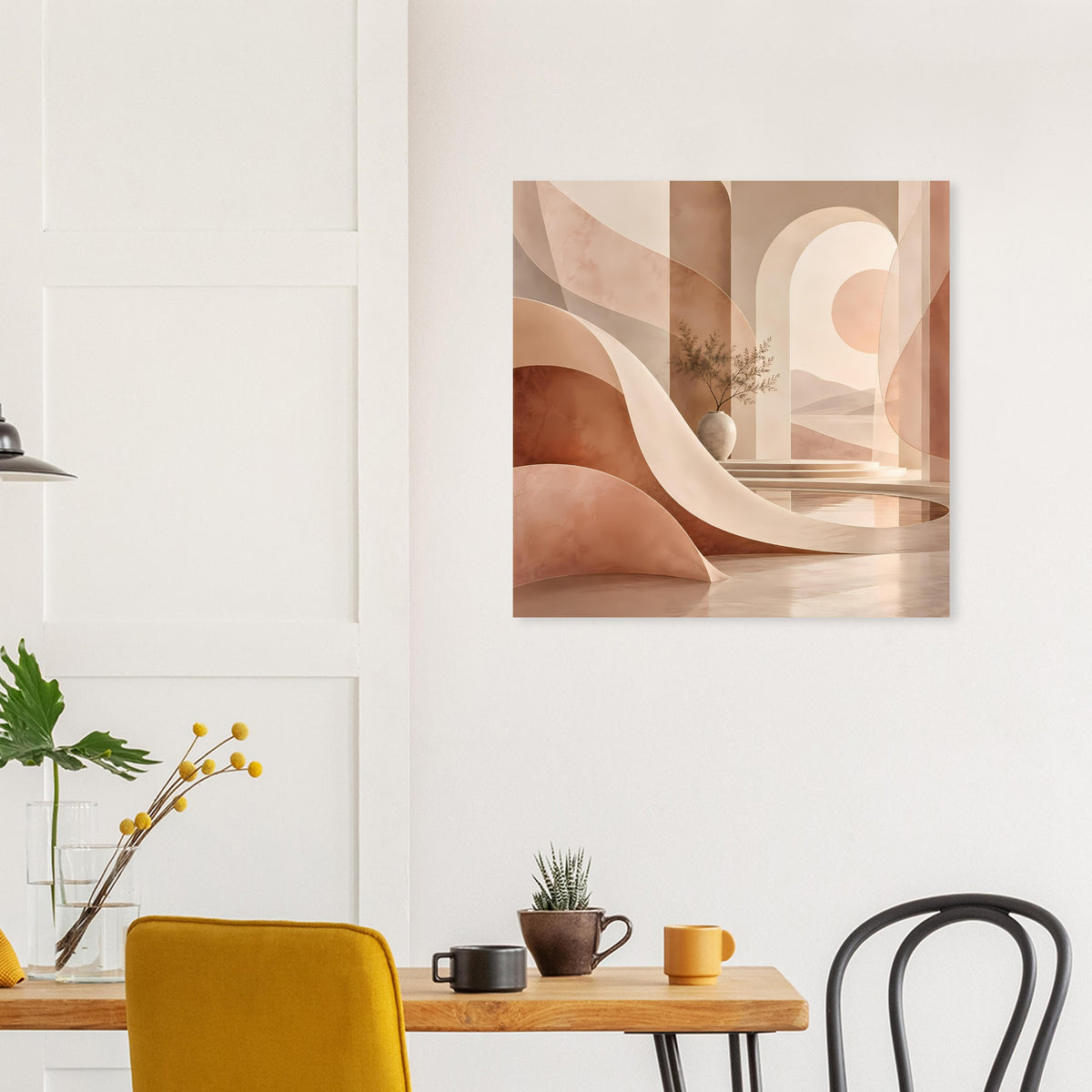 Abstraktes Poster im Holzrahmen mit abstrakten Bögen in Sand-, Braun- und Rosatönen