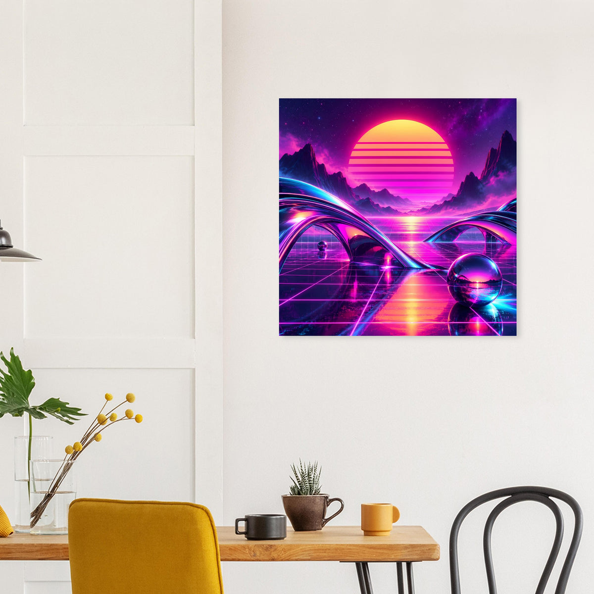 Retro-Science-Fiction-Poster mit Neonfarben: Sonne über Sci‑Fi-Kulisse und Astronautenhelm