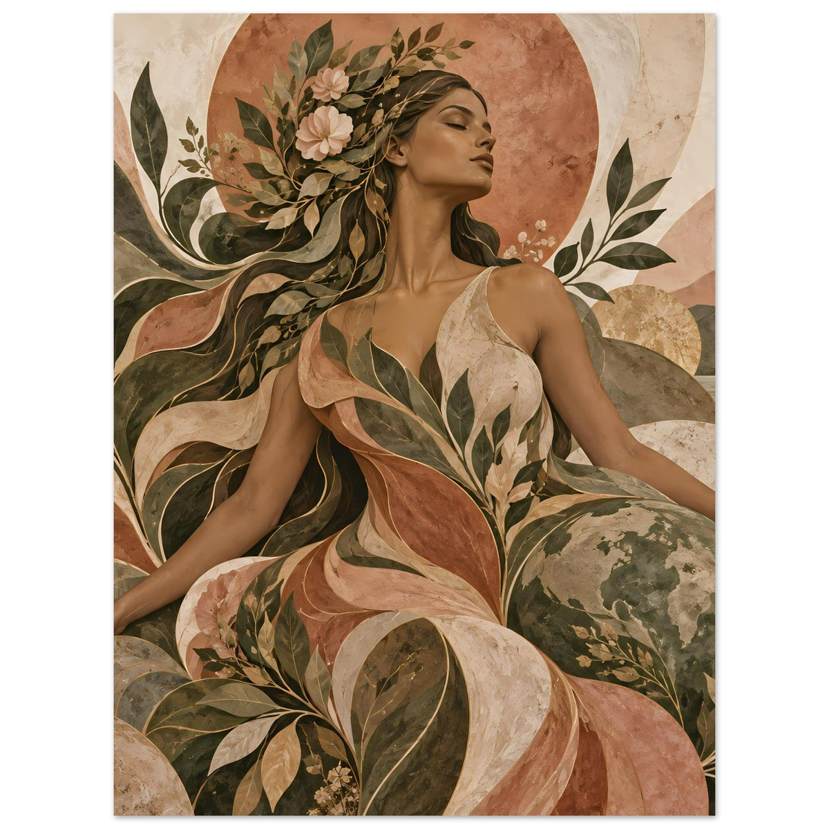 Naturverbundenes Kunst-Poster (Hochformat) mit botanischen Blättern und Frauengestalt in Erdtönen
