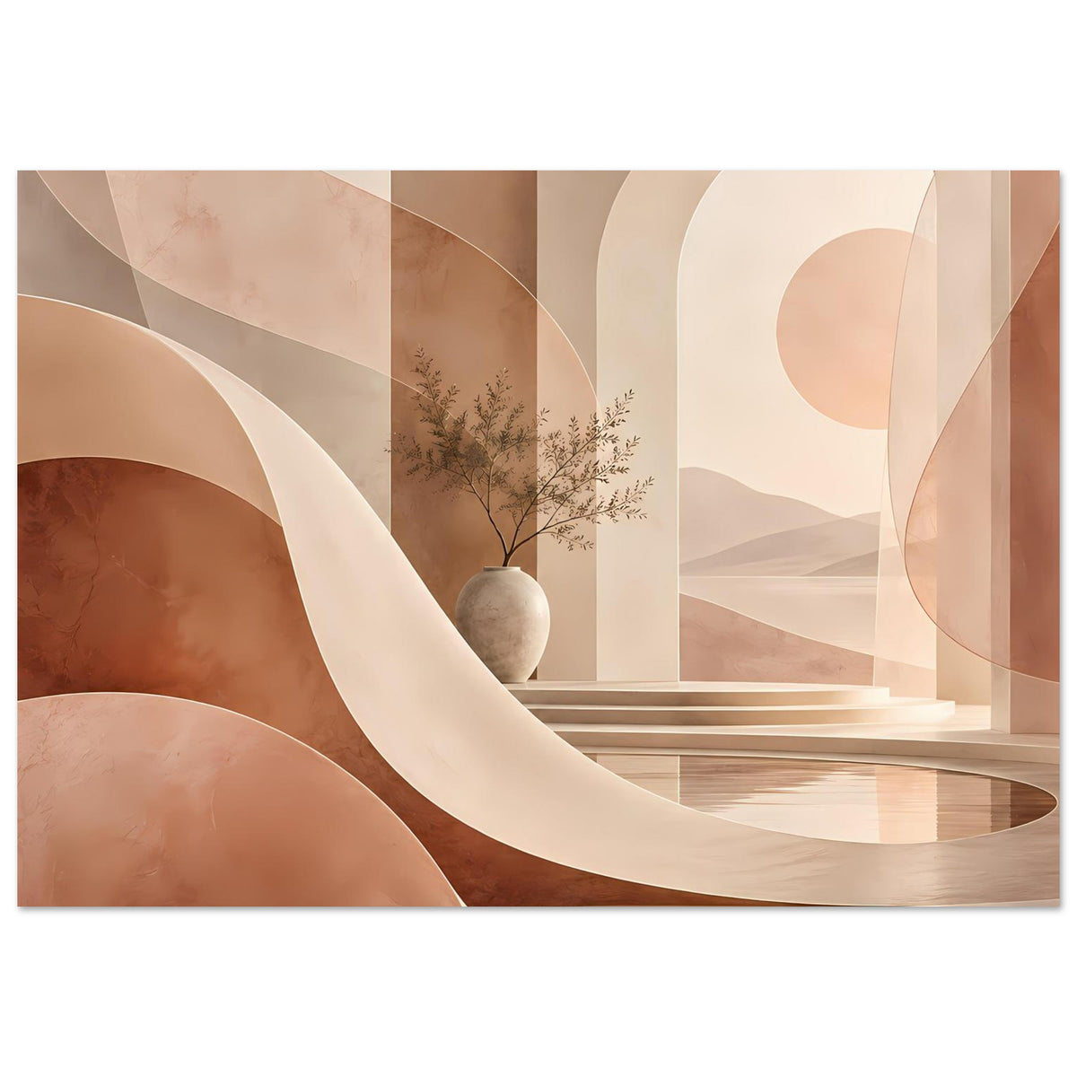Abstraktes Poster (Querformat) mit geschwungenen Bogenflächen in Beige/Terrakotta, Vase mit Zweigen
