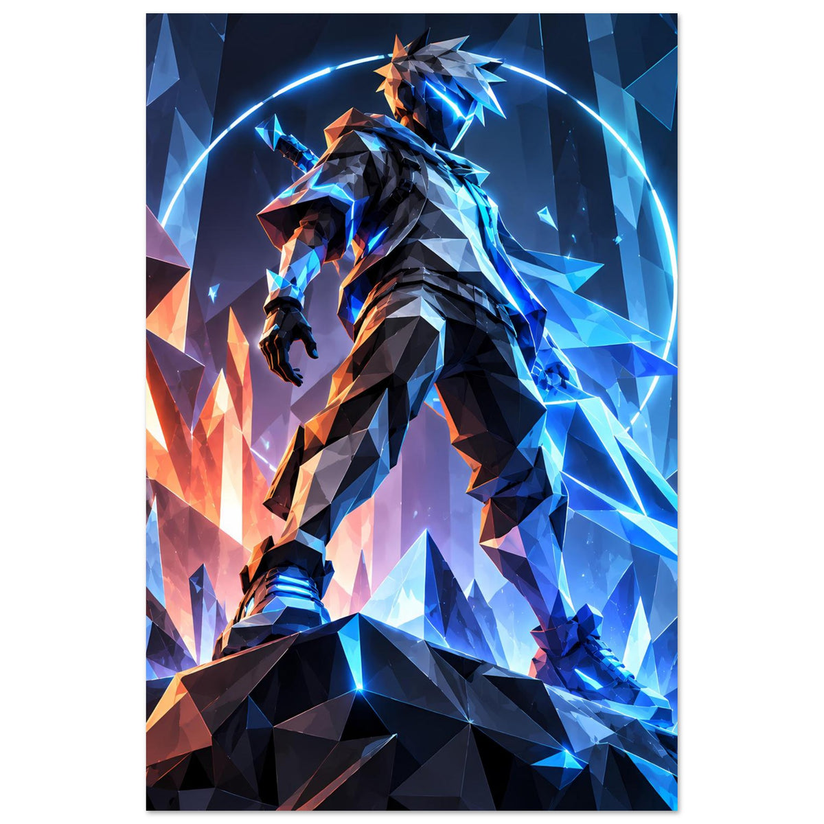 Premium-mattes Poster: Krieger-Illustration in Schwarz, blaues Leuchten, orange Akzente, Neonbogen