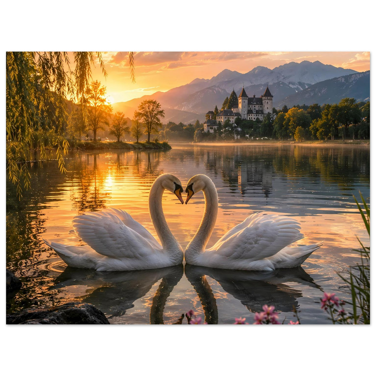 Poster mit zwei Schwänen, die ein Herz formen, im Sonnenuntergang über dem See