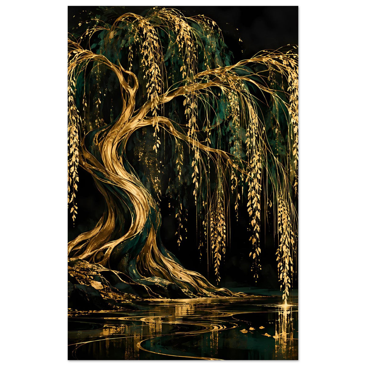 Poster mit goldener Weide, hängenden Blättern und reflektierendem Wasser im Hochformat