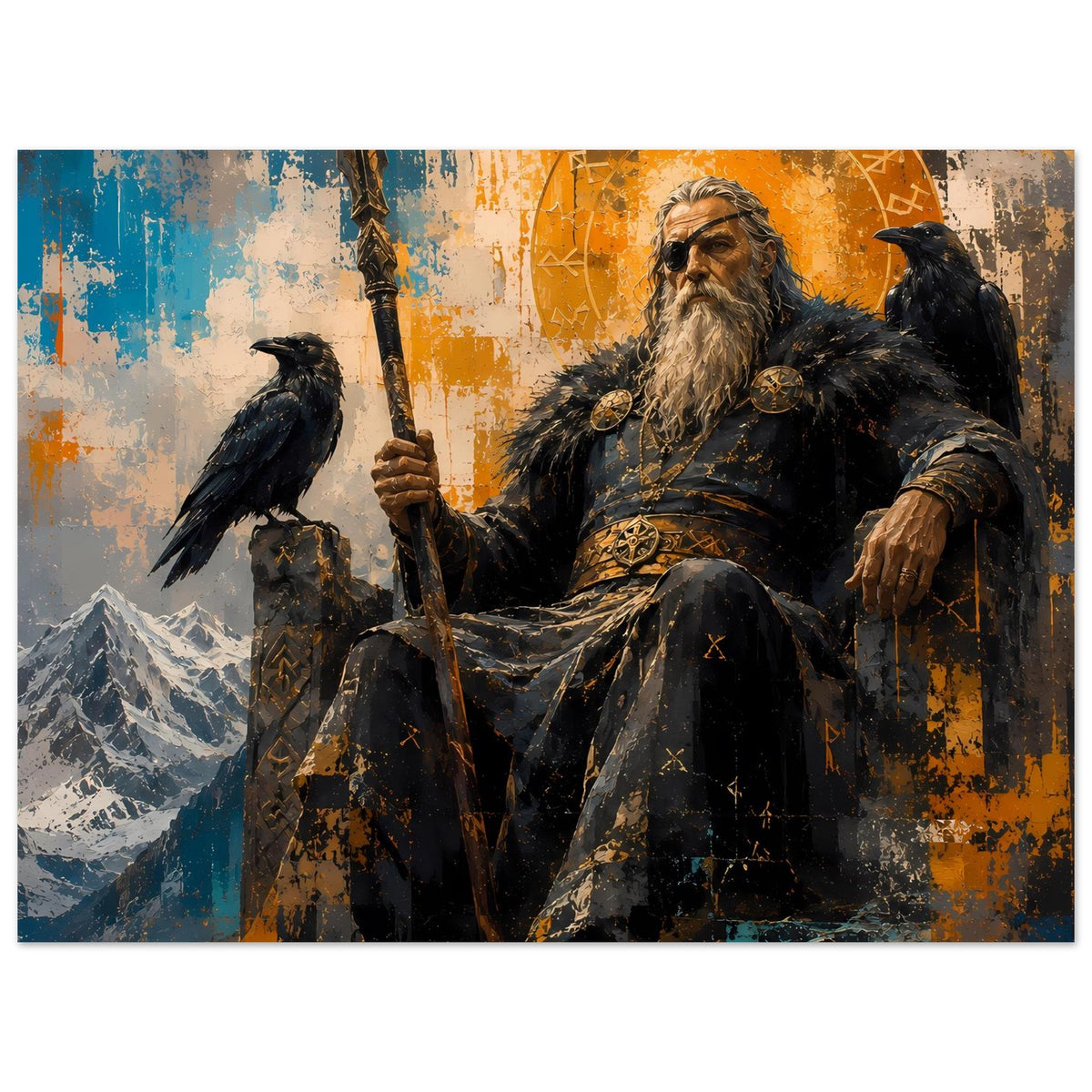 Querformat-Poster: Norse-Gott mit langem Bart und Speer, Rabe links, kräftiges Orange-Blau