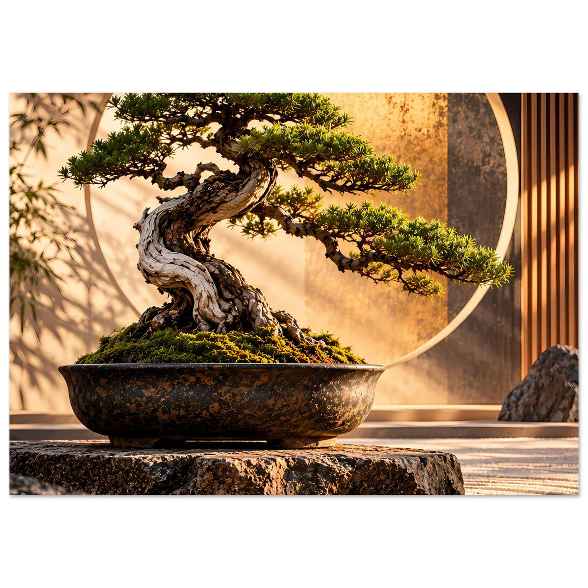 Poster mit Bonsai-Baum in dunkler Schale, goldener Kreis; seitliche Streifen und Steinbank sichtbar