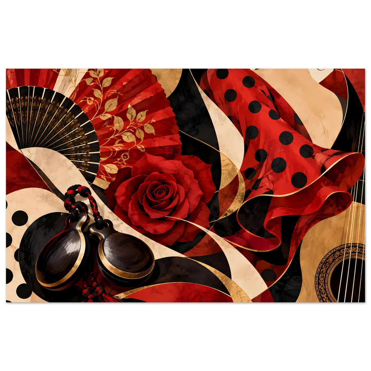 Flamenco-Eleganz Poster mit Fächer, roter Rose, Polka-Dots und Gitarrenmotiv