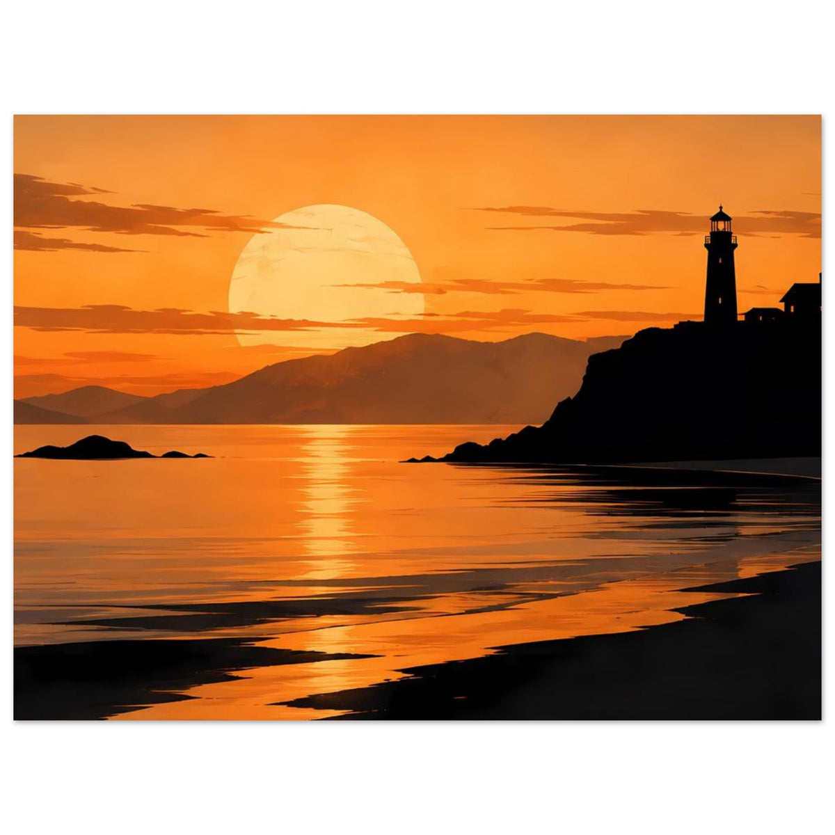 Küstenposter: orange Sonnenuntergang, Leuchtturm rechts, Strand mit Spiegelungen