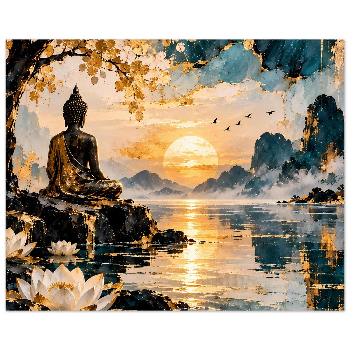 Buddha-Motivposter: Buddha auf Felsvorsprung, Sonnenuntergang am See, blau-grüne Berge