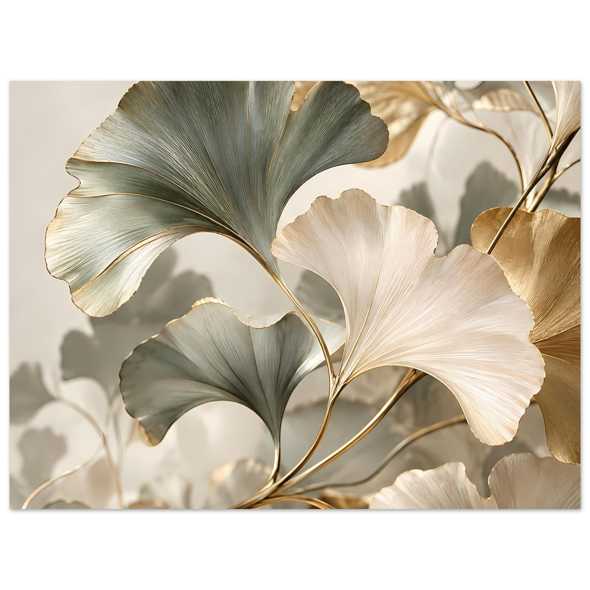 Nahaufnahme Poster: Ginkgo-Zweige mit Creme- und Grau-Grün-Blättern, Goldakzente