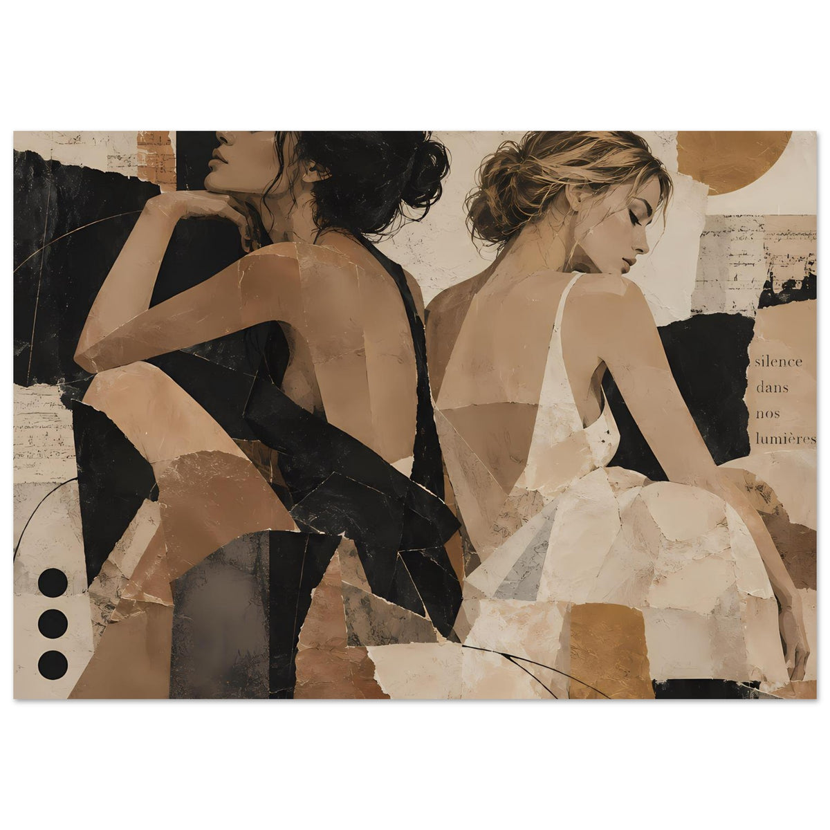 Collage-Poster: zwei Frauen im Profil, schwarze und beigefarbene Akzente, Erdtöne