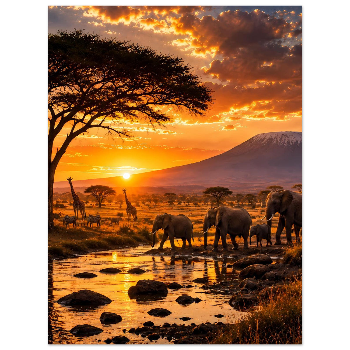 Afrika-Safari-Poster mit Elefantenherde am Wasser, Akazienbaum und goldenem Sonnenuntergang.