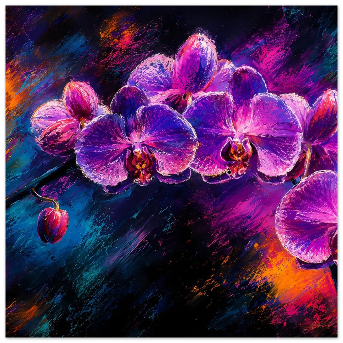 Blumenposter mit violettrosa Orchideenblüten, violetten und blauen Farbschleifen im Hintergrund
