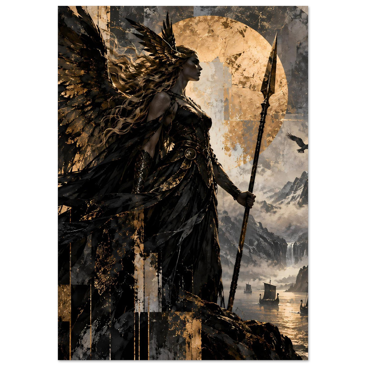 Kunstposter zeigt Kriegerin mit Flügeln und Speer, überwiegend schwarz-gold mit dramatischem Motiv