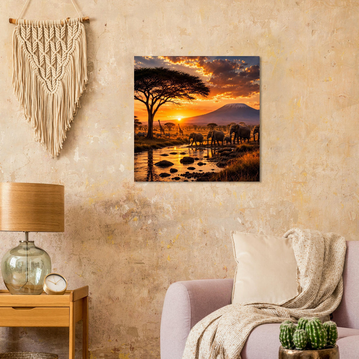 Wandposter mit Elefantenherde und Akazienbaum bei Sonnenuntergang