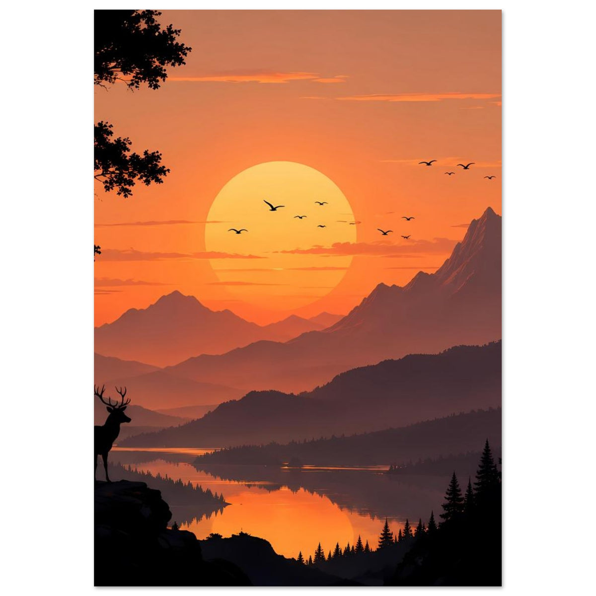 Poster mit goldener Sonne über Berglandschaft und See, Silhouette eines Hirsches links, Vögel rechts.