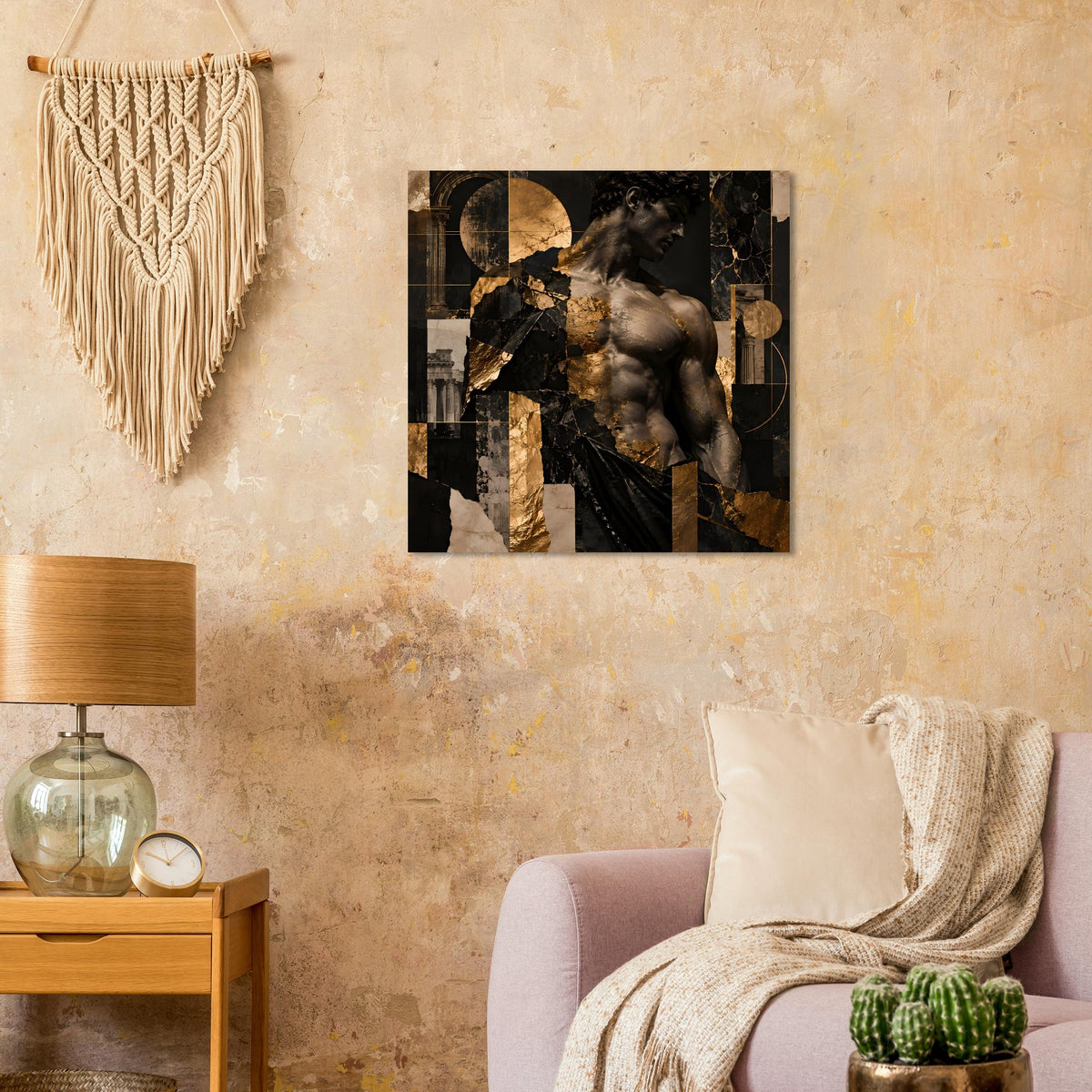 Kunstposter mit Aktfigur und goldenen Fragmenten, schwarz-schimmernder Stil