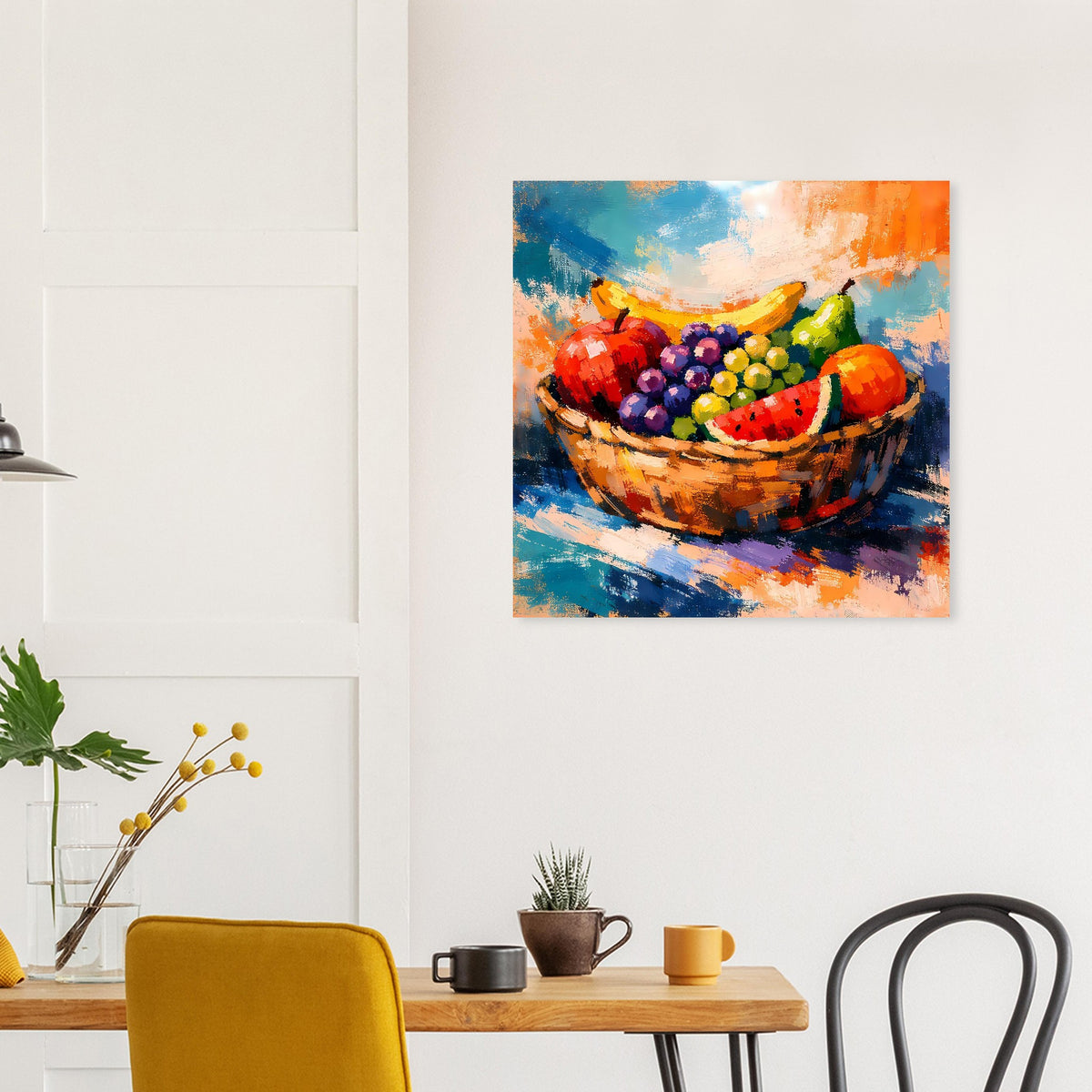 Poster mit Früchtekorb-Motiv in kräftigen Farben, Beeren und Melonenscheiben