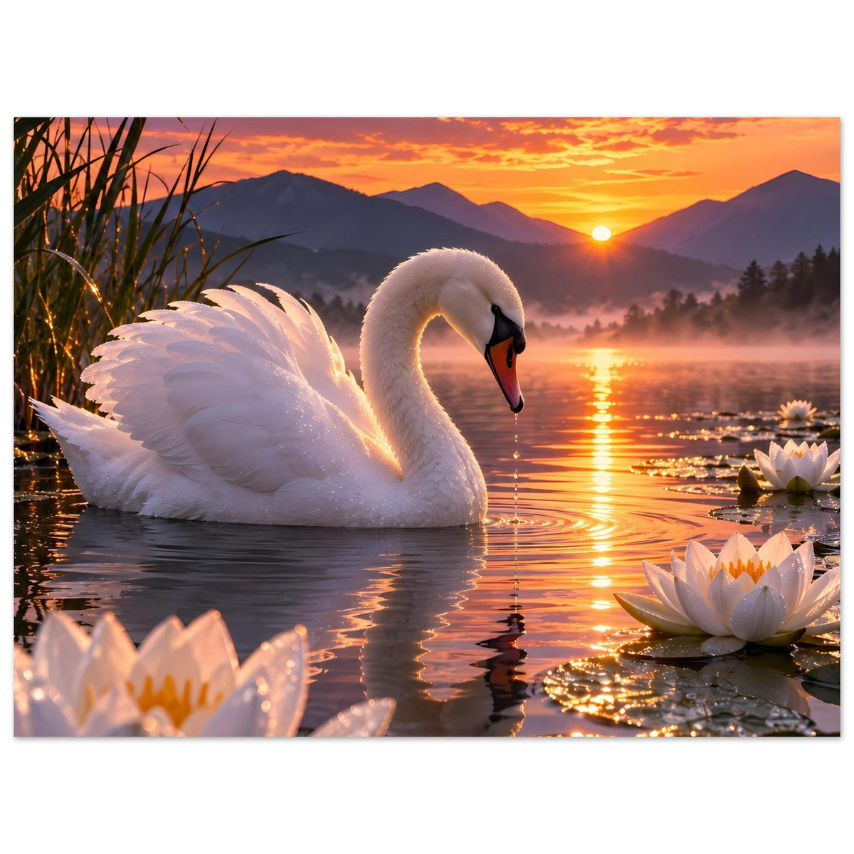 Poster mit weißem Schwan im Wasser, Seerosen und goldener Sonnenuntergangssonne