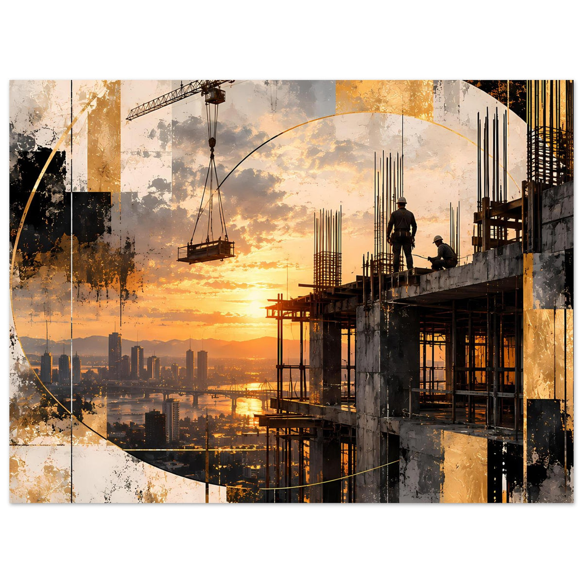 Abstraktes Bau-Poster im Landschaftsausschnitt: Baustelle bei Sonnenuntergang, Stahlgerüst und Kran
