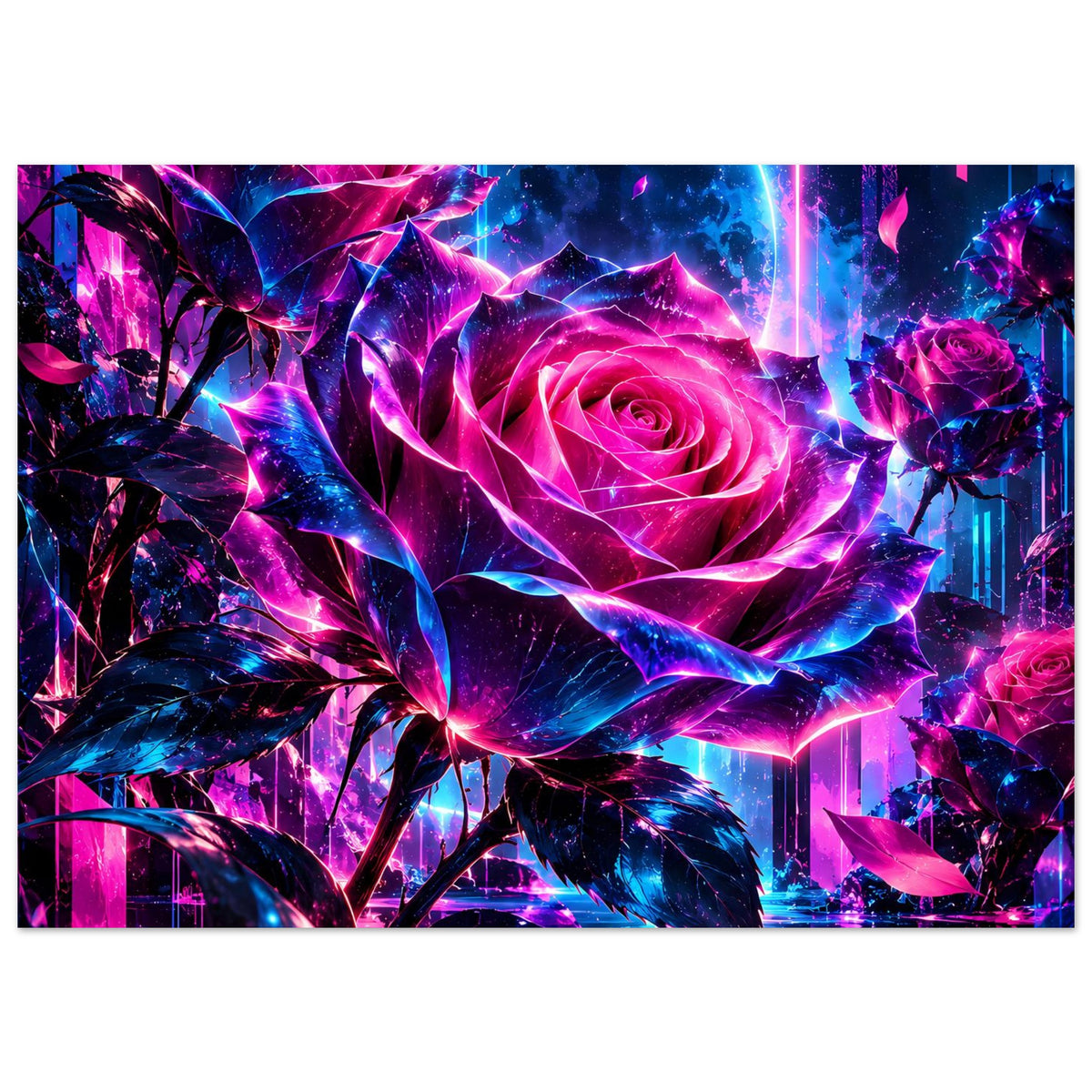 Kunstposter mit großer Neonrose, pink-blaue Farbverläufe und florale Fantasieelemente