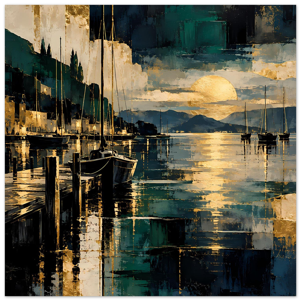 Hafenposter mit Segelbooten, blau-goldene Farbflecken und goldener Sonne über dem Wasser