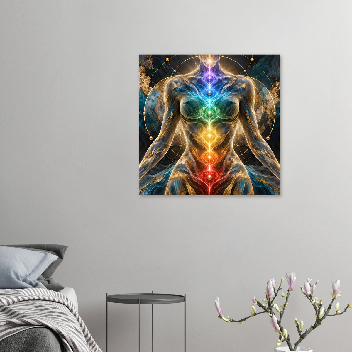 Energieposter klein an der Wand, mit leuchtender Menschensilhouette und Chakra-Farbverlauf