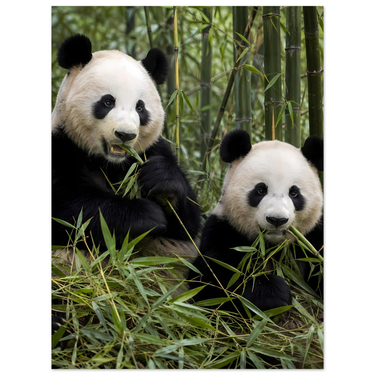 Poster mit zwei Pandas im Bambus, eine Handvoll Blätter im Vordergrund