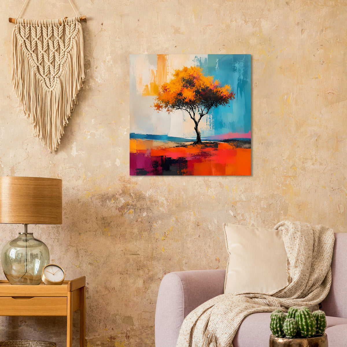 Quadratisches gerahmtes Poster mit Baum in Orange-Türkis, abstrakter Landschaftsfläche