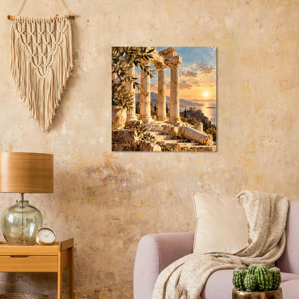 Poster mit antiken Säulenruinen und goldenem Sonnenuntergang am Himmel