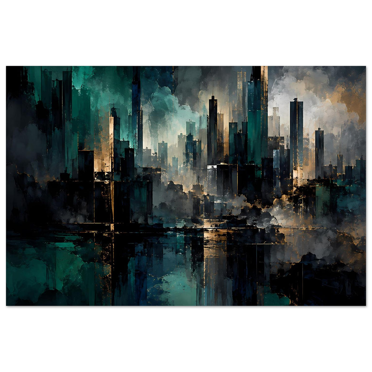 Abstraktes Skyline-Poster mit Wolken und Dampf, blaugrün-blaue Flächen, goldene Details