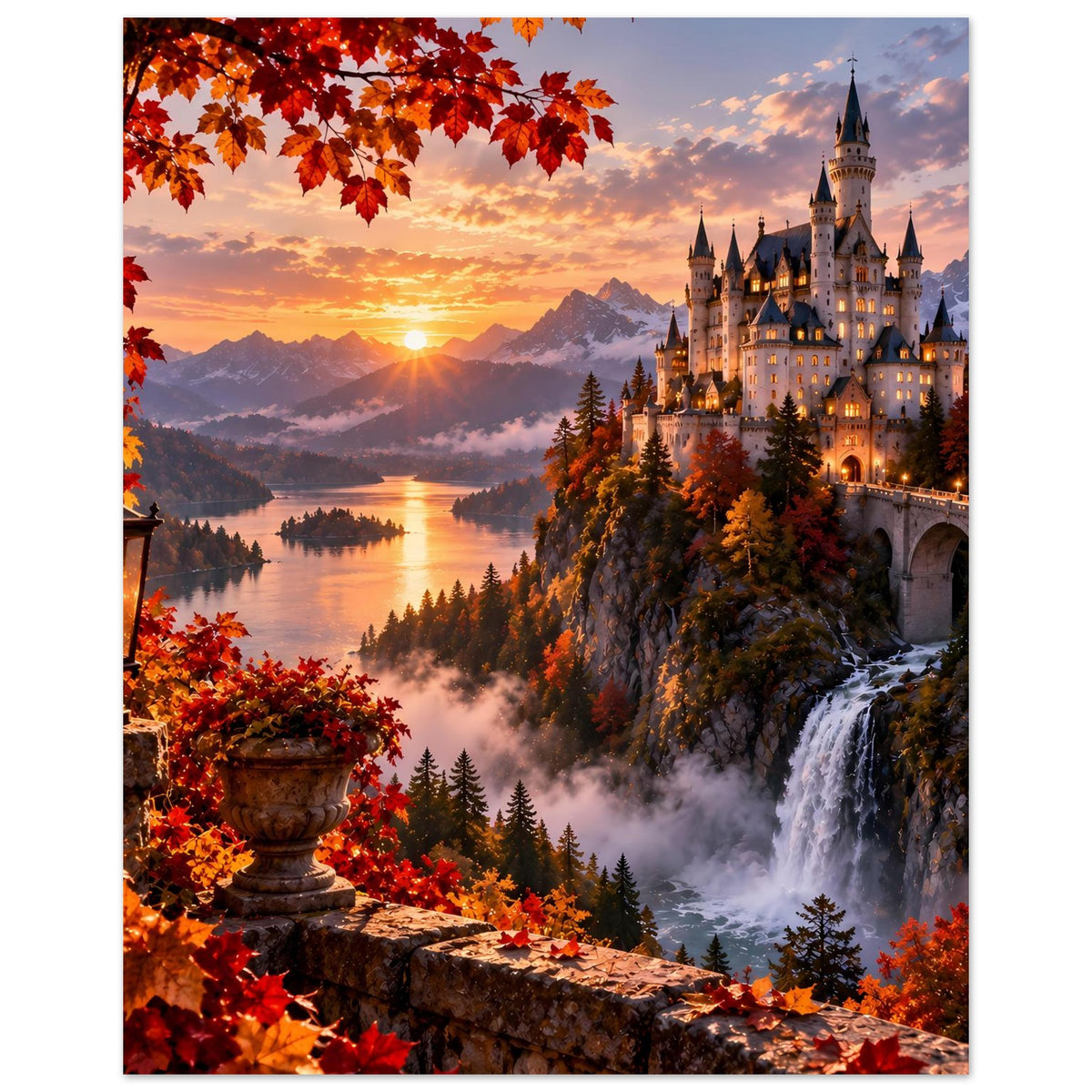 Herbstliches Schloss-Poster mit fallenden Blättern, Sonnenuntergang und See