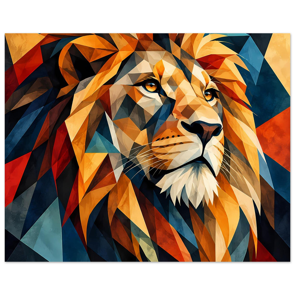 Geometrisches Löwenposter (Querformat) mit Dreiecks-Löwenkopf, gelblich-orange Akzenten