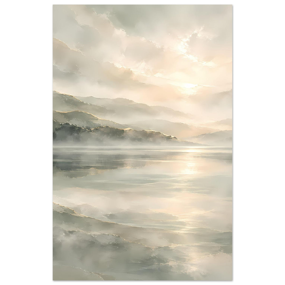 Poster im Hochformat: Bergsee mit Sonnenlichtreflexen und Nebelschleiern, matt