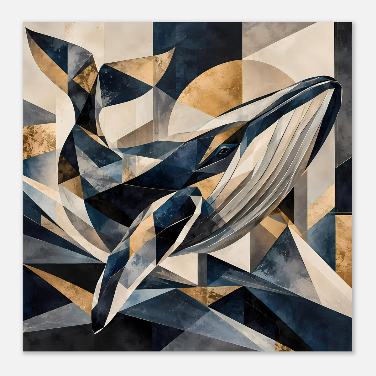Geometrisches Wal-Artwork als Poster, quadratisches Format, Walmotiv in Blau-, Creme- und Goldtönen