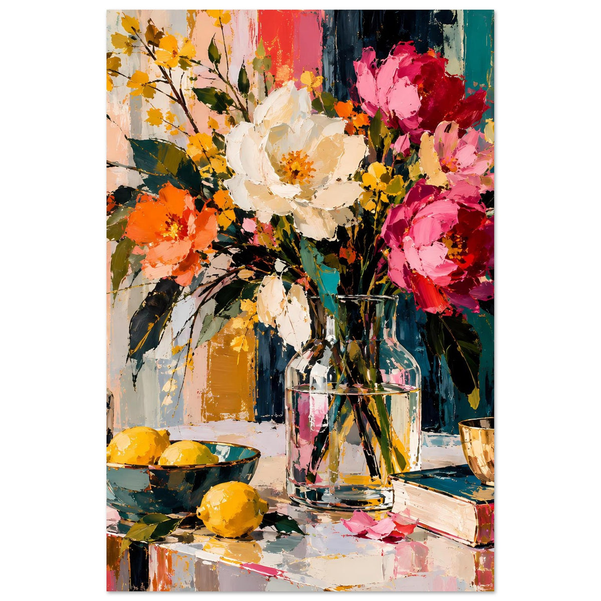 Blumen-Stillleben-Poster (hochkant) mit farbigen Blüten, Glasvase und Keramikbecher rechts