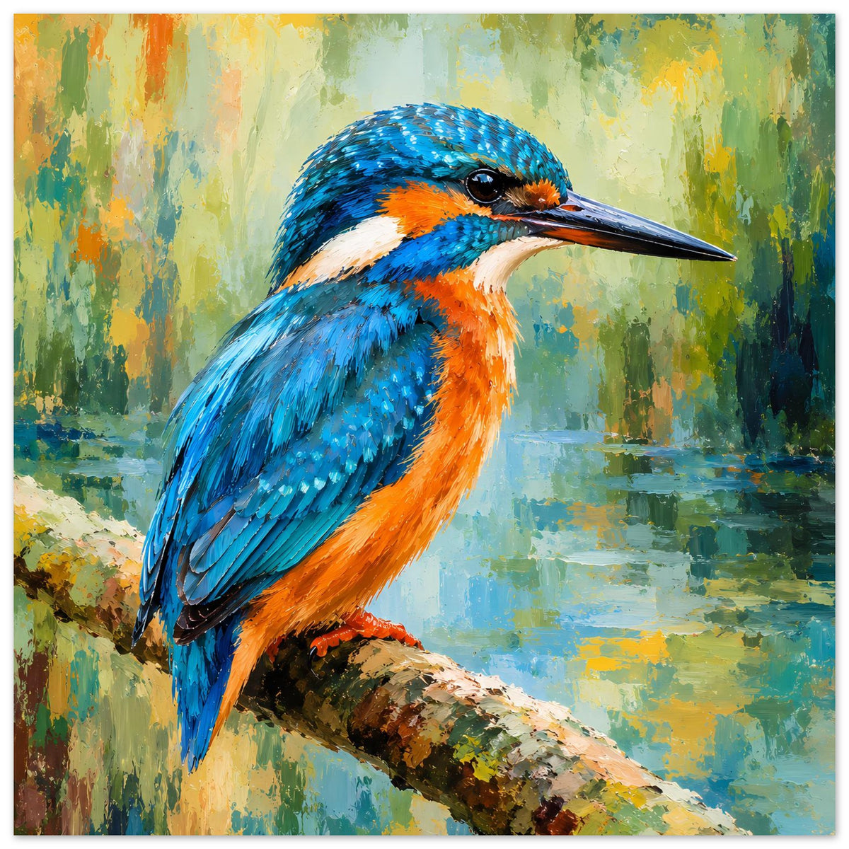 Vogelposter: Eisvogel auf Ast, blaues Kopfgefieder und orange Brust, klar zentriertes Motiv